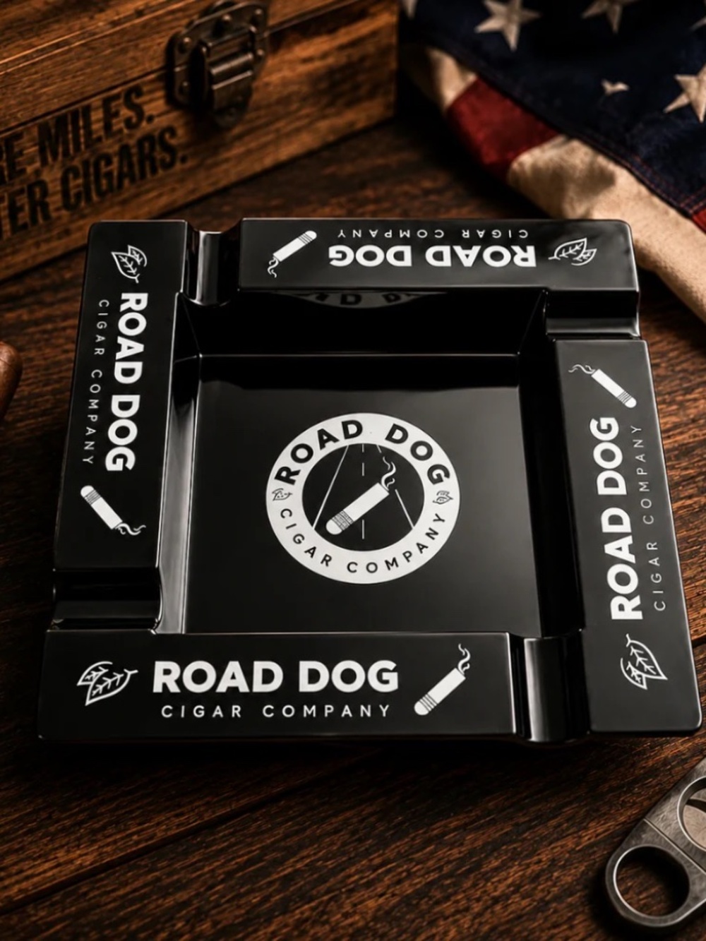 FOUR FINGER ASHTRAY BY ROAD DOG CIGAR COMPANY, SUPPORT TRUCKING. STAY SMOKED..